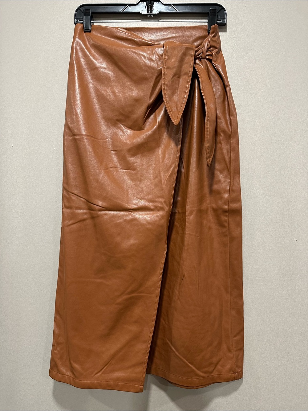 SHEIN Cognac Faux Leather Maxi Wrap Skirt with Side Tie